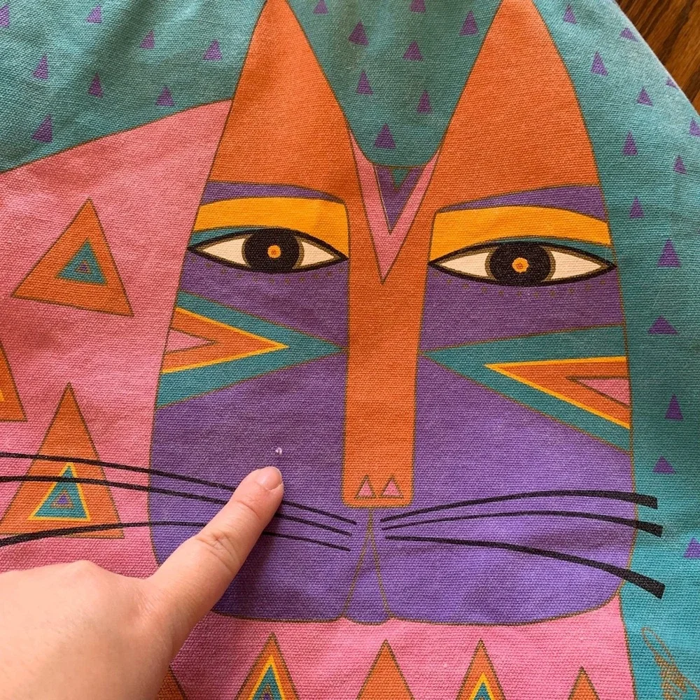 Laurel Burch Cat Canvas Tote Bag Purple Teal Pink Geometric Art Zipper Shoulder